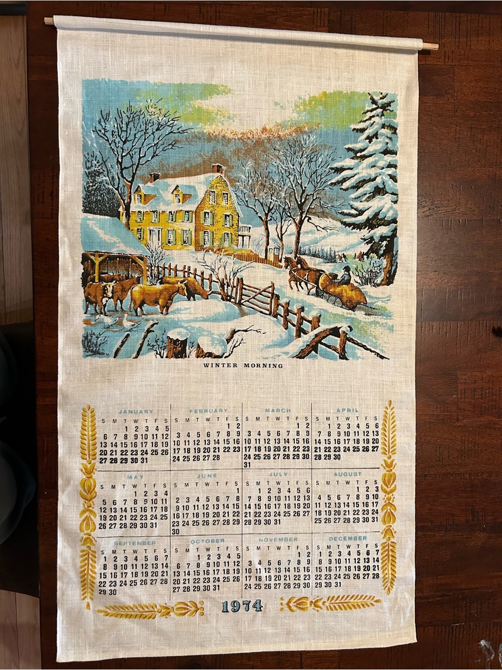 Winter Morning Printed 1974 Calendar Tea Towel - Yellow House & Blue Sky